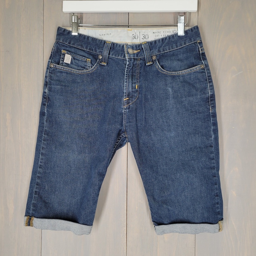 Marc Ecko Cut & Sew Denim Shorts Mens 30 Blue Slim Fit Cuffed Dark Wash